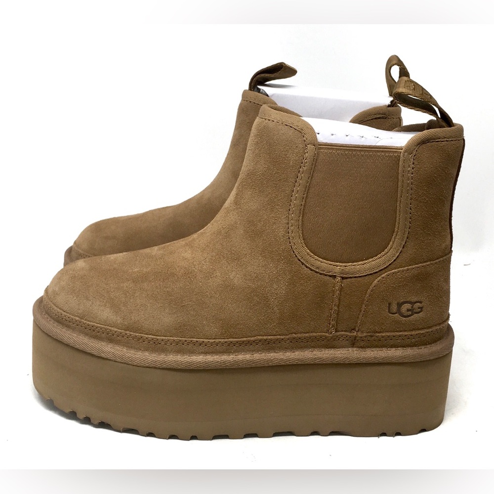 🔴SOLD Ugg Neumel Platform Chelsea Boots Chestnut Suede Shearling Sheepskin - Picture 7 of 15